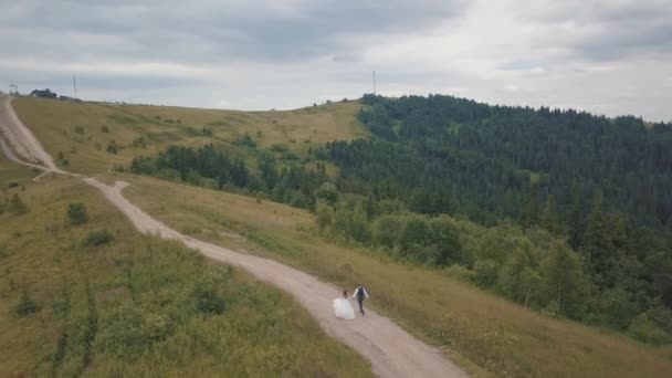 Le marié court avec la mariée sur les collines montagneuses. Vue aérienne du drone — Video