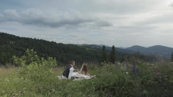 Ο γαμπρός με τη νύφη να κάνει πικ-νικ σε ορεινούς λόφους. Ζευγάρι γάμων. Οικογένεια — Αρχείο Βίντεο