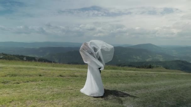 Bruidegom met bruid plezier hebben op een berg heuvels. Bruiloft paar. Gelukkige familie — Stockvideo