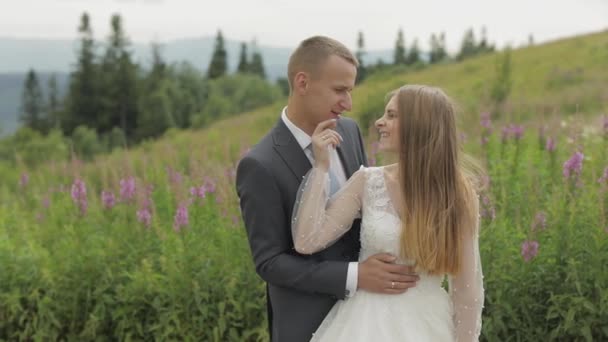 Brudgummen med bruden tillsammans på ett berg kullar. Bröllopspar. Lycklig familj — Stockvideo