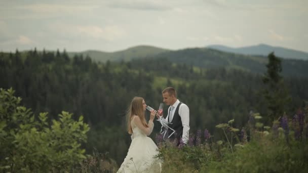 Brudgummen med bruden dricker champagne på ett berg kullar. Bröllopspar. Familj — Stockvideo