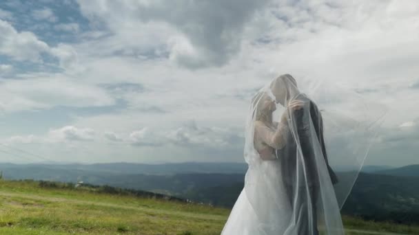 Brilho com noiva se divertindo em colinas de montanha. Casamento. Família feliz — Vídeo de Stock