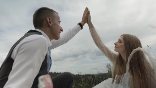 산 언덕에서 피크닉을 하는 신부와 신랑. 웨딩 커플. 가족 — 비디오