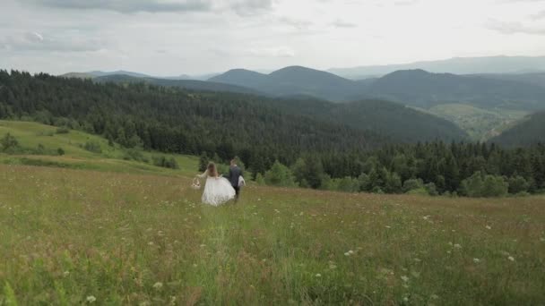 Brudgummen med bruden gå för en picknick på ett berg kullar. Bröllopspar. Familj — Stockvideo
