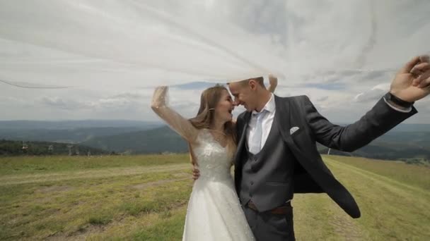 Bräutigam mit Braut, die Spaß auf einem Hügel hat. Hochzeitspaar. glückliche Familie — Stockvideo