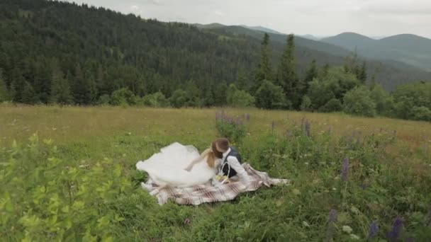Brudgummen med bruden som har en picknick på ett berg kullar. Bröllopspar. Familj — Stockvideo
