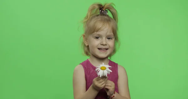 Menina loira positiva em vestido roxo detém flor de camomila. Chave Chroma — Fotografia de Stock