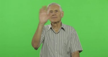 Kıdemli adam kameraya el sallıyor. Chroma anahtar arka planda yakışıklı yaşlı adam