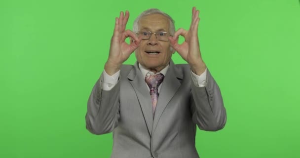 Elderly businessman showing ok gesture. Old man in formal wear giving okay sign — Stock Video