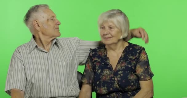 Hombre y mujer mayores divertidos sentados juntos. Concepto de una vieja familia feliz — Vídeos de Stock