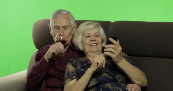 Ältere Männer und Frauen sitzen zusammen auf einem Sofa. Arbeiten am Smartphone — Stockvideo