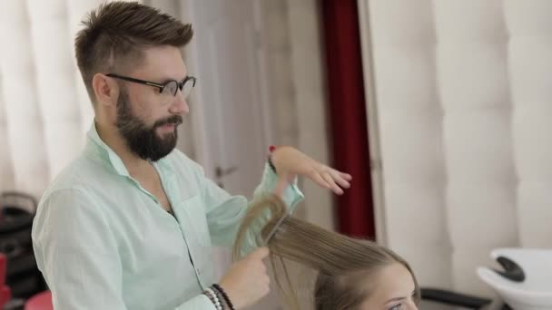 Professionelle Friseur Styling Kämmen Modell Haare. schöne Frau im Salon — Stockvideo