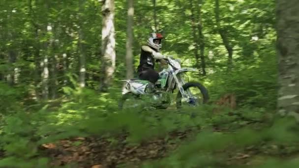 Bolechov, Ukraine - July 12, 2019: Extreme motorcyclist rides on the forest — Stock Video