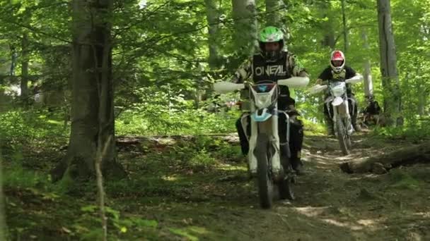 Bolechov, Ukraine - July 12, 2019: Extreme motorcyclists rides on forest roads — Stock Video