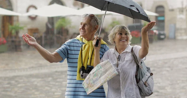 Mutlu üst düzey turistler şehir merkezinde durmak ve Lviv yağmurlu havanın tadını çıkarın