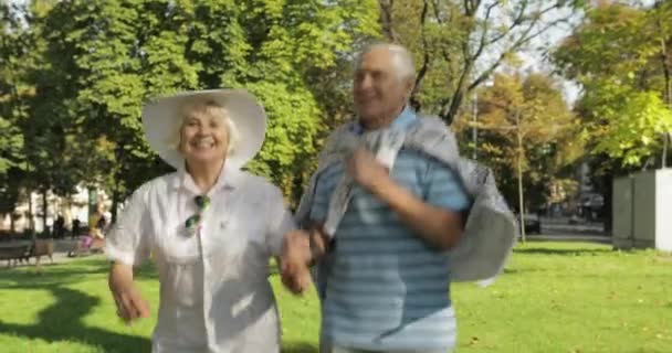 Senior Happy två turister kör och studsar i Town Center Park — Stockvideo