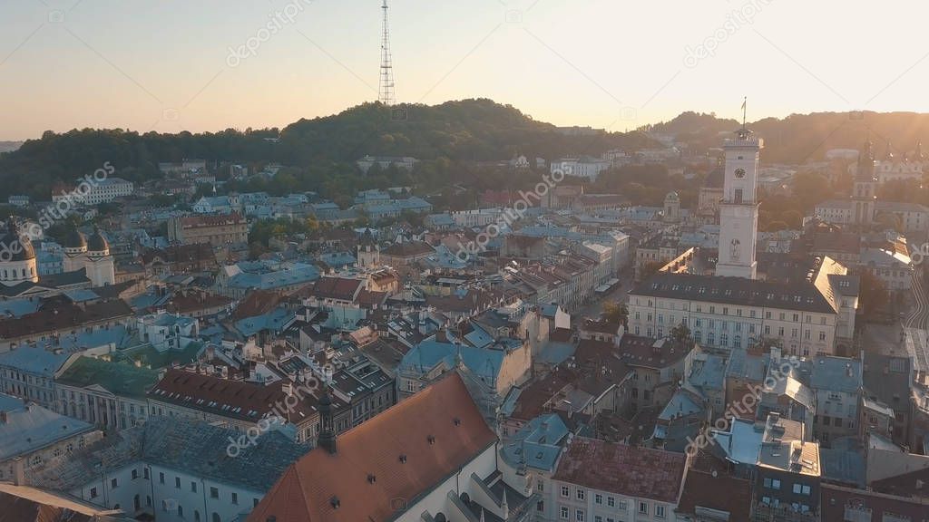 Aerial City Lviv, Ukraine. European City. Popular areas of the city. Town Hall
