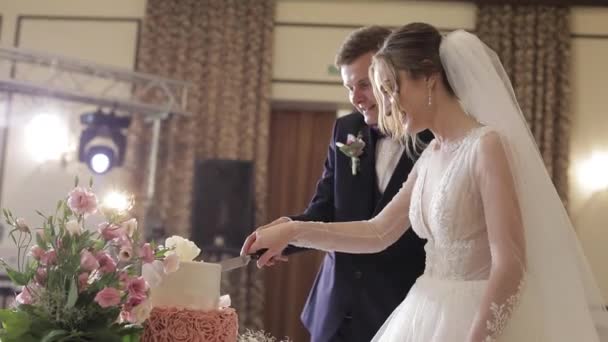 Menyasszony és a vőlegény a vágás az esküvői torta. Újak darabok egy szelet tortát — Stock videók