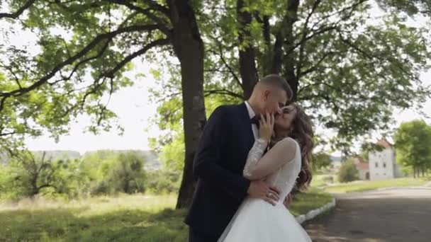 Novio caucásico con novia en el parque. Pareja de bodas. Recién casados besándose — Vídeos de Stock