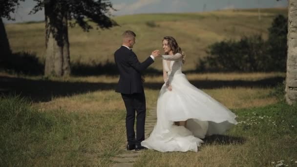 Parkta gelinli beyaz damat. Düğün çifti. Mutlu bir aile. Newlyweds — Stok video