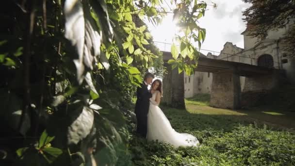 Kaukasiska brudgummen med bruden i parken. Bröllopspar. Lycklig familj. Nygifta — Stockvideo