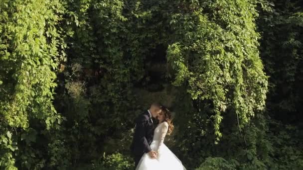 Kaukasiska brudgummen med bruden i parken. Bröllopspar. Lycklig familj. Nygifta — Stockvideo