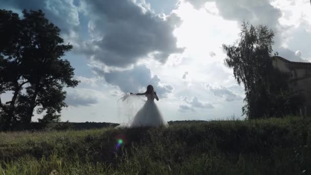 Hermosa y encantadora novia en vestido de novia en el parque. Movimiento lento — Vídeos de Stock