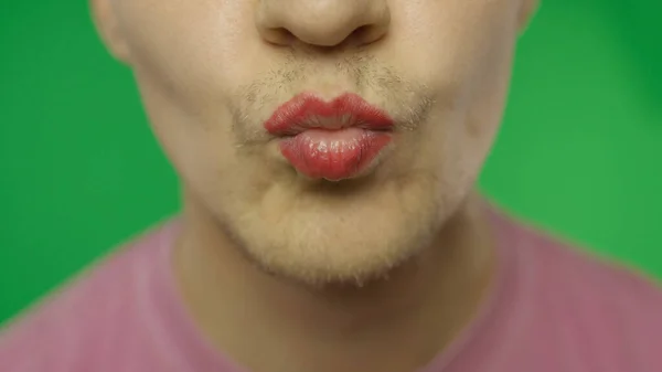 Bearded man with painted lips kiss on the camera. LGBT community. Transsexual