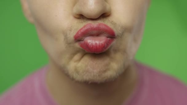 Een man met baard en geschilderde lippen kust op de camera. Lgbt gemeenschap. Transseksueel — Stockvideo