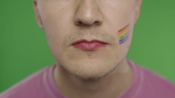 絵に描いた唇で髭を生やした男がカメラにキス。LGBTコミュニティ。性転換 — ストック動画