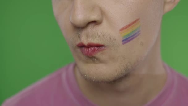 絵に描いた唇で髭を生やした男がカメラにキス。LGBTコミュニティ。性転換 — ストック動画