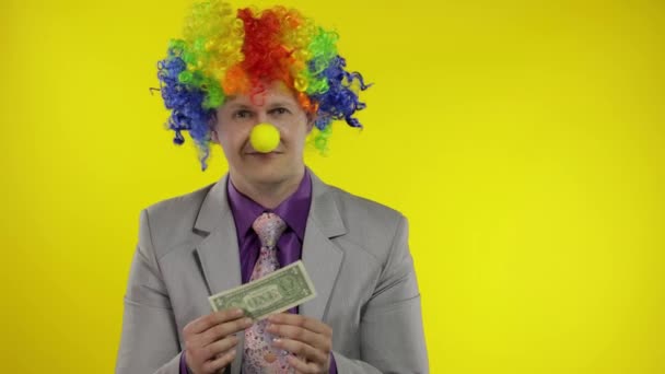 Clown businessman entrepreneur in wig holds one buck money income and loses it — Stock Video