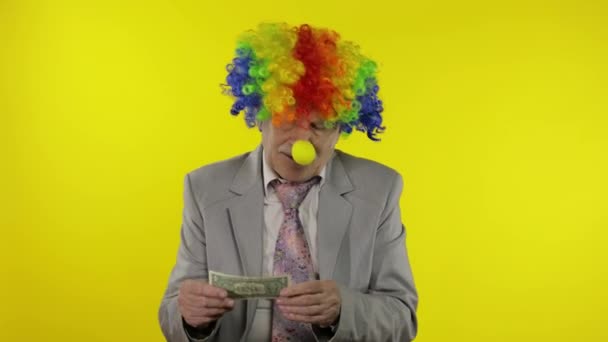 Clown businessman freelancer in wig holds one buck money income and loses it — Stock Video