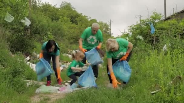 Equipe de ativistas da natureza em camisetas ecológicas pegando lixo plástico no parque. Reciclagem, poluição da terra — Vídeo de Stock