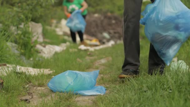 Dobrovolnický tým uklízí špinavý park z igelitových pytlů, lahví. Snížit znečištění celofánu odpadky — Stock video