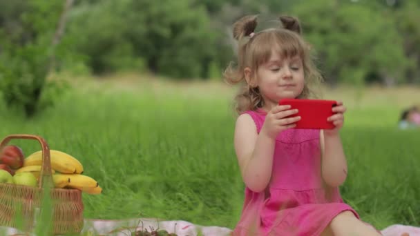 주말에 피크닉에서. 풀밭의 소녀가 핸드폰으로 온라인 게임을 하고 있습니다. 소셜 네트워크, 수다 — 비디오