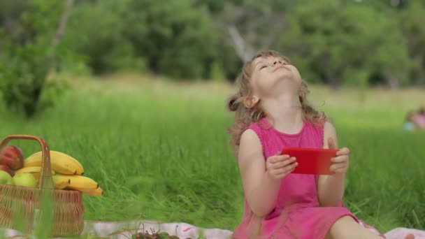 ピクニックの週末だ。草の牧草地の女の子は、携帯電話でオンラインゲームをプレイ。ソーシャルネットワーク、チャット — ストック動画