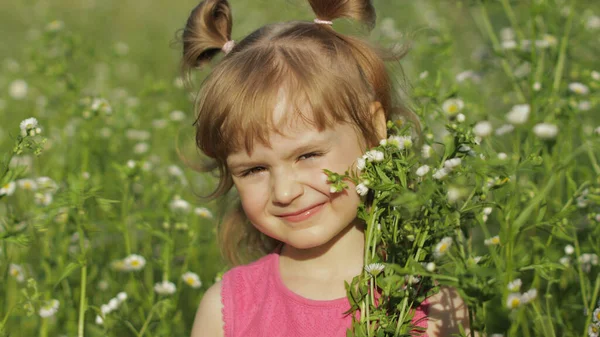 Niña rubia en vestido rosa permanecer en la flor de manzanilla pradera de hierba. Ramo de margaritas — Foto de Stock