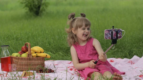 Weekend bij de picknick. Meisje op gras weide maakt selfie op mobiele telefoon met selfie stick. Videogesprek — Stockfoto