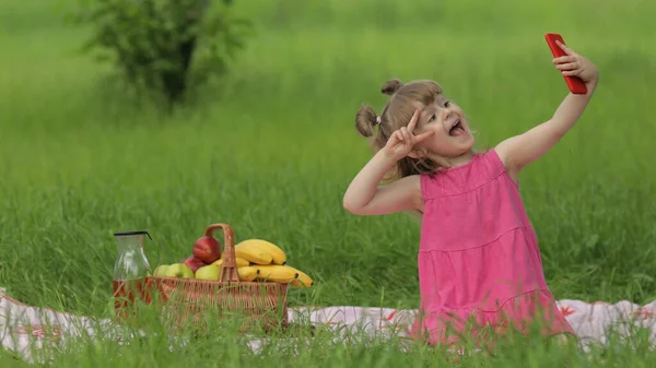 Fin de semana en el picnic. Chica en el prado de hierba hace selfie en el teléfono móvil. Videollamada, blog, jugar juegos — Foto de Stock