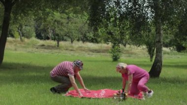 Aile pikniği. Aktif yaşlı beyaz çift yeşil çimlerin üzerinde battaniyeye oturur.