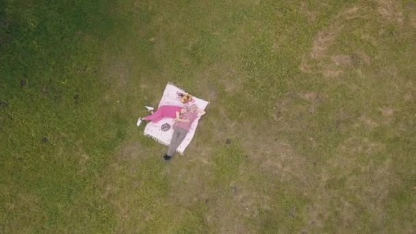 Familjelweekend picknick i parken. Flygfoto. Senior gamla par ligger på filt på grön gräsäng — Stockvideo