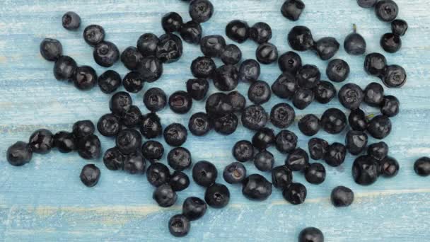 Timelapse beelden van bevroren fruit, bessen op blauwe ondergrond. Bevroren eten. Glazuur van bosbessen — Stockvideo