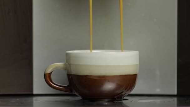 Tir expresso coulant de la machine à café dans une petite tasse blanche et brune. Fermer les images — Video