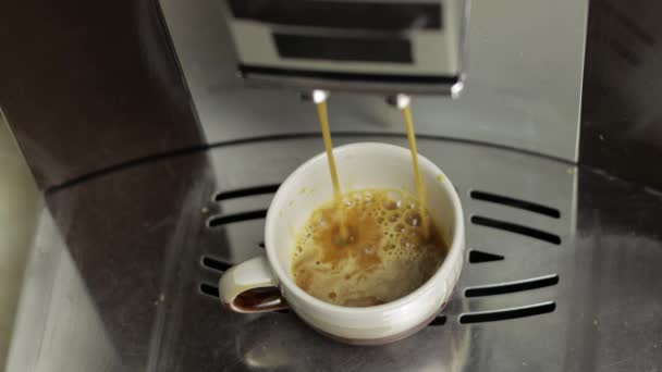 Espresso skott häller ut från kaffemaskinen i små vita och bruna kopp. Närbild — Stockvideo