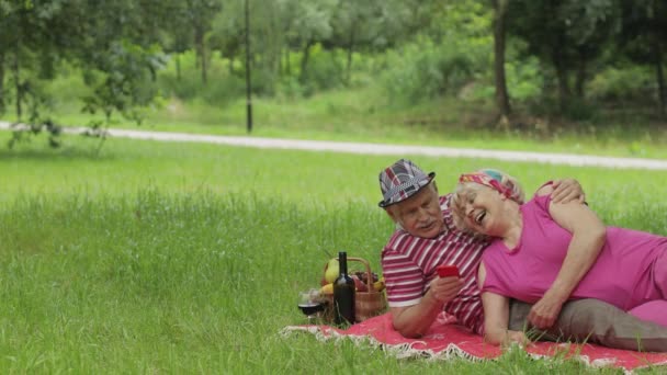 Um piquenique de fim de semana. Velhos avós seniores casal no parque usando smartphone de navegação on-line, bate-papo — Vídeo de Stock