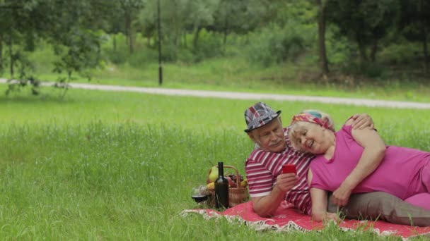 Um piquenique de fim de semana. Velhos avós seniores casal no parque usando smartphone de navegação on-line, bate-papo — Vídeo de Stock