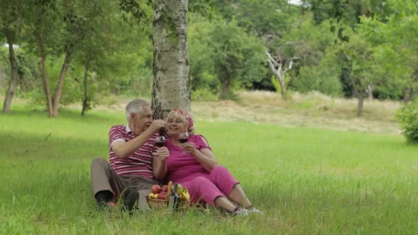 Familienpicknick am Wochenende im Park. Älteres Ehepaar sitzt neben Baum, isst Früchte, trinkt Wein — Stockvideo
