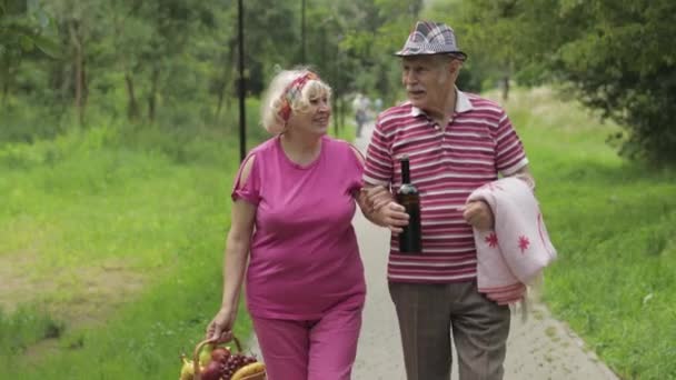 Сімейний пікнік на вихідні. Активна пара старших старих бабусь і дідусів у парку. Чоловік і дружина ходять разом — стокове відео