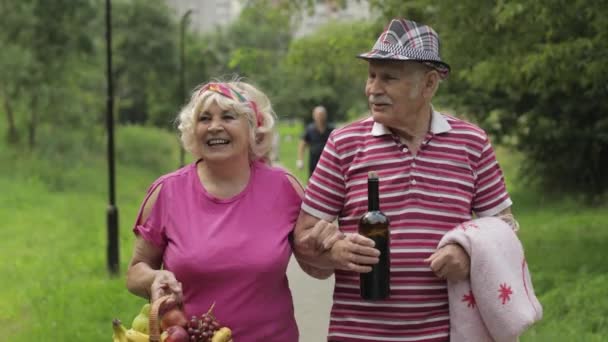 Un picnic in famiglia. Anziani anziani attivi coppia di nonni nel parco. Marito e moglie camminano insieme — Video Stock